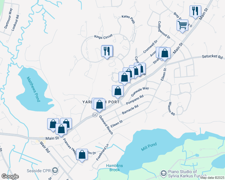map of restaurants, bars, coffee shops, grocery stores, and more near 35 Manchester Road in Yarmouth