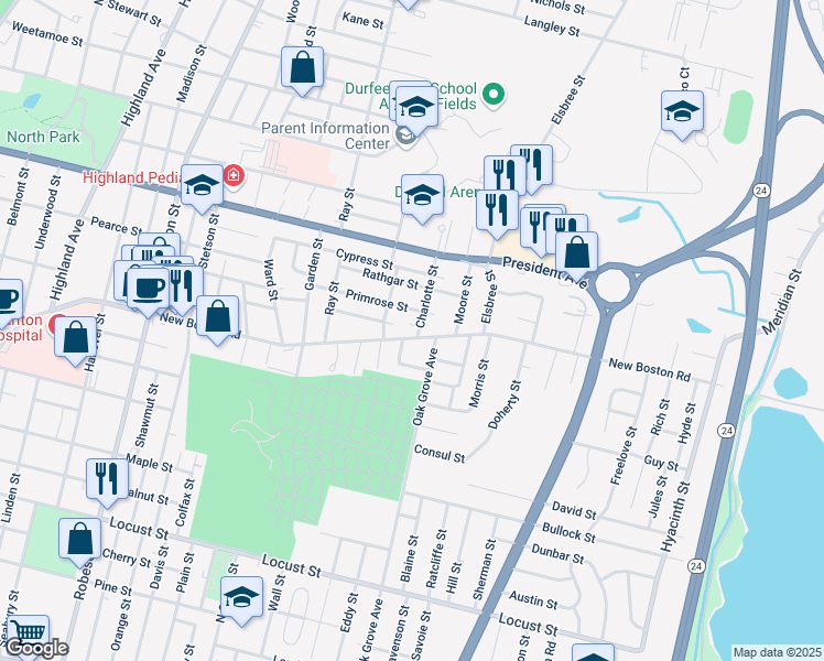 map of restaurants, bars, coffee shops, grocery stores, and more near 40 Charlotte Street in Fall River