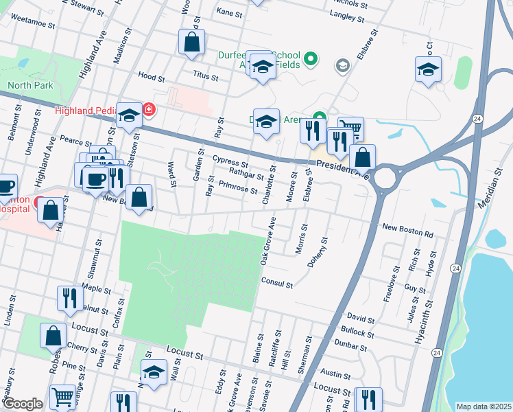 map of restaurants, bars, coffee shops, grocery stores, and more near 40 Charlotte Street in Fall River