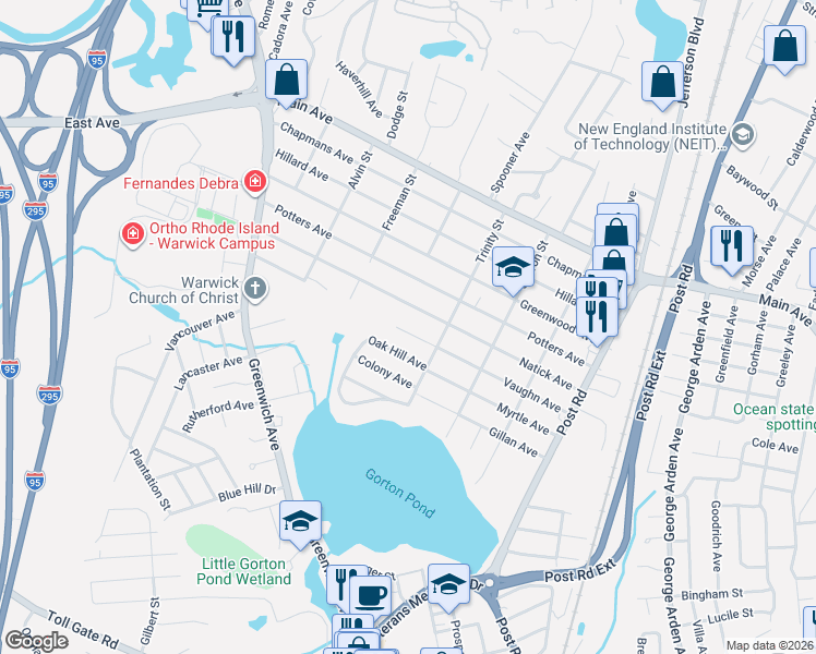 map of restaurants, bars, coffee shops, grocery stores, and more near 220 Natick Avenue in Warwick
