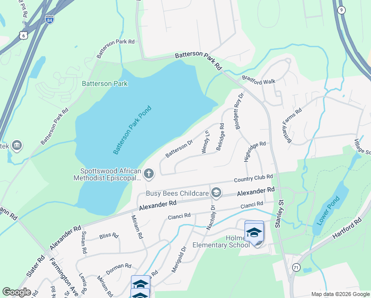map of restaurants, bars, coffee shops, grocery stores, and more near 115 Batterson Drive in New Britain
