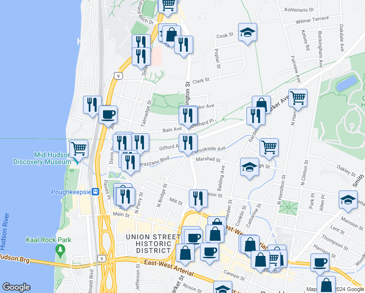 map of restaurants, bars, coffee shops, grocery stores, and more near 60 Gifford Avenue in Poughkeepsie