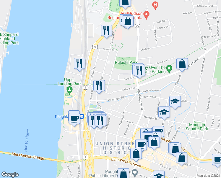 map of restaurants, bars, coffee shops, grocery stores, and more near 22 Talmadge Street in Poughkeepsie