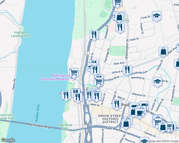 map of restaurants, bars, coffee shops, grocery stores, and more near 40 Albany Street in Poughkeepsie