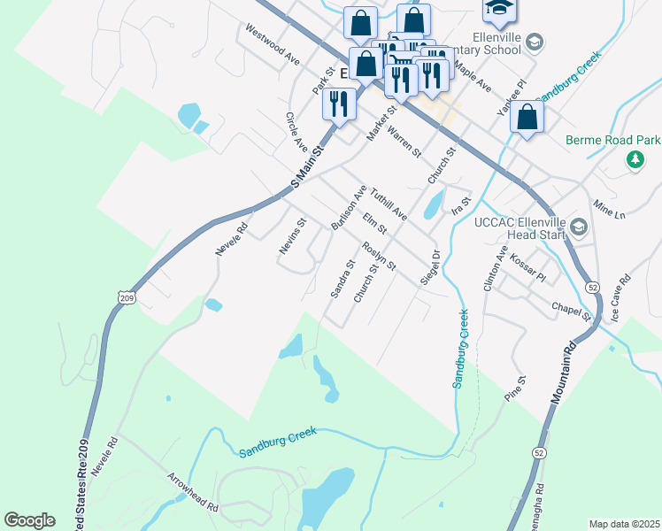 map of restaurants, bars, coffee shops, grocery stores, and more near 1 Sandra Street in Ellenville
