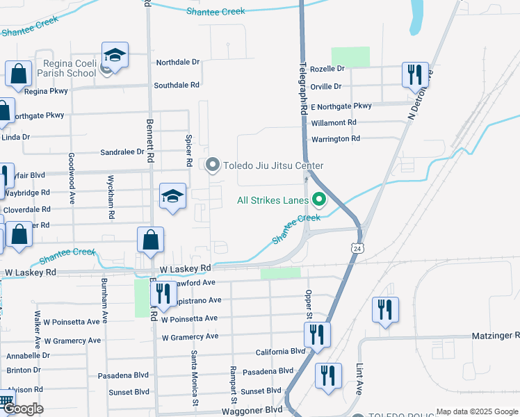 map of restaurants, bars, coffee shops, grocery stores, and more near 5225 Telegraph Road in Toledo