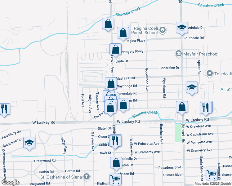 map of restaurants, bars, coffee shops, grocery stores, and more near 5145 Lewis Avenue in Toledo