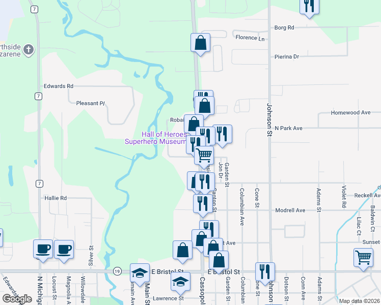 map of restaurants, bars, coffee shops, grocery stores, and more near 416 South 5th Street in Elkhart
