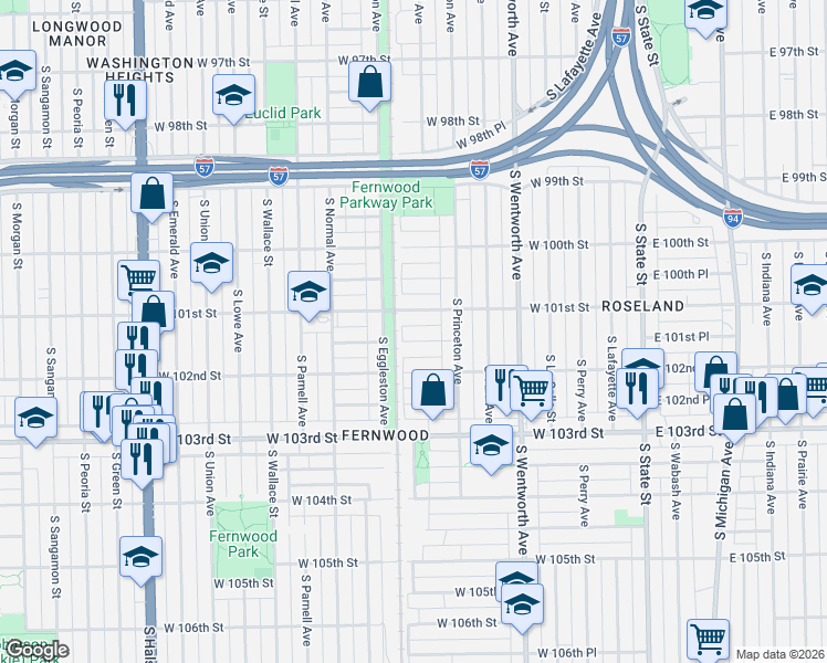 map of restaurants, bars, coffee shops, grocery stores, and more near 355 West 101st Street in Chicago