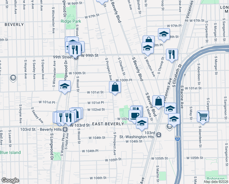 map of restaurants, bars, coffee shops, grocery stores, and more near 10057 South Prospect Avenue in Chicago