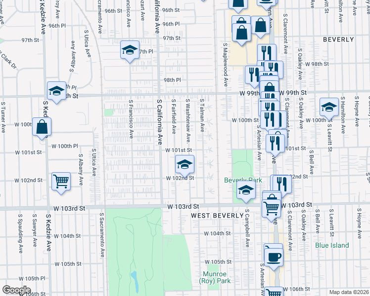 map of restaurants, bars, coffee shops, grocery stores, and more near 10045 South Fairfield Avenue in Chicago