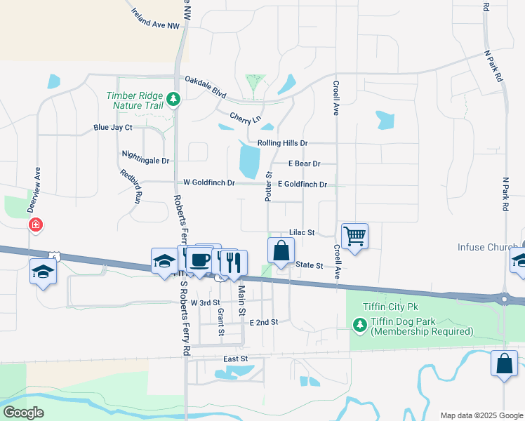 map of restaurants, bars, coffee shops, grocery stores, and more near 573 Potter Street in Tiffin
