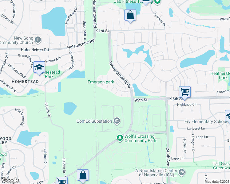 map of restaurants, bars, coffee shops, grocery stores, and more near 2903 Madison Drive in Naperville