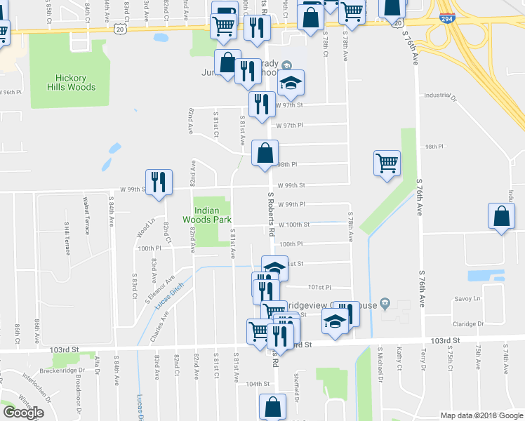 map of restaurants, bars, coffee shops, grocery stores, and more near 9944 South Roberts Road in Palos Hills
