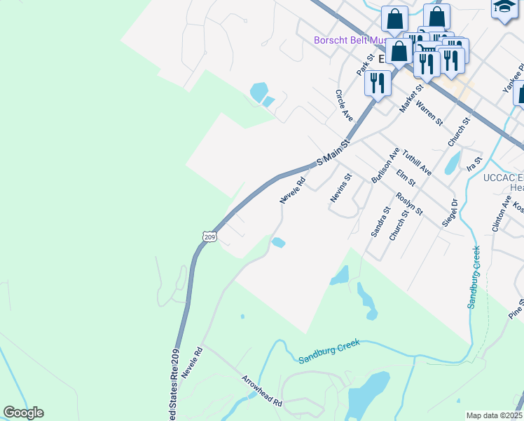 map of restaurants, bars, coffee shops, grocery stores, and more near 200 South Main Street in Ellenville