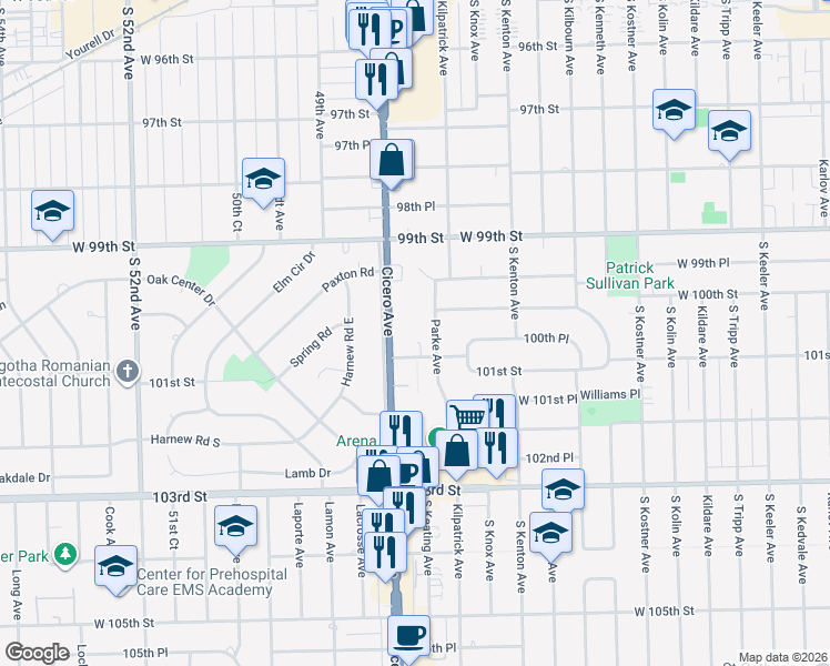 map of restaurants, bars, coffee shops, grocery stores, and more near 4750 West 101st Street in Oak Lawn