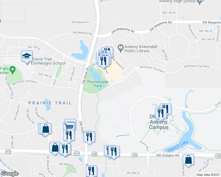 map of restaurants, bars, coffee shops, grocery stores, and more near 1371 Southwest Prairie Trail Parkway in Ankeny