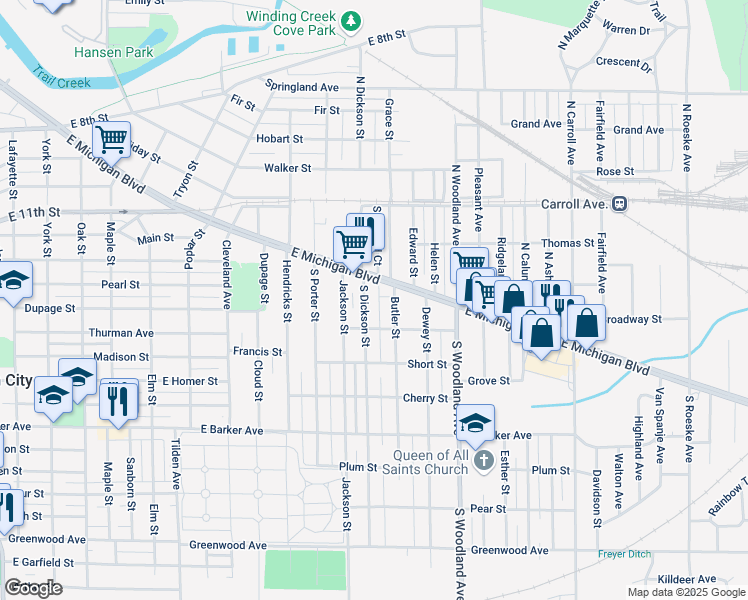 map of restaurants, bars, coffee shops, grocery stores, and more near 1601 East Michigan Boulevard in Michigan City