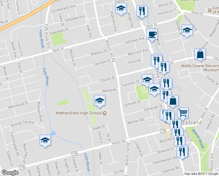 map of restaurants, bars, coffee shops, grocery stores, and more near 29 Westway in Wethersfield