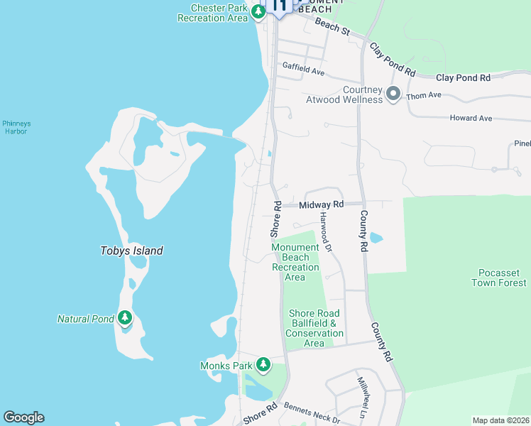 map of restaurants, bars, coffee shops, grocery stores, and more near 566 Shore Road in Bourne
