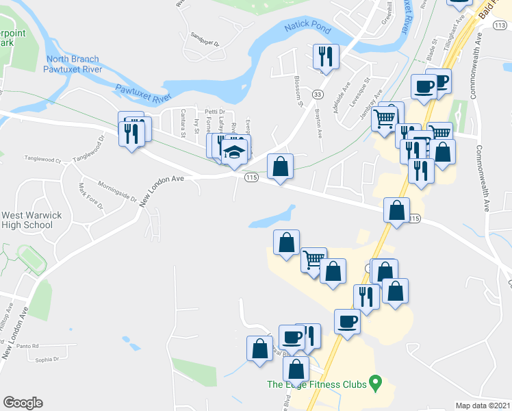 map of restaurants, bars, coffee shops, grocery stores, and more near 328 Providence Street in West Warwick