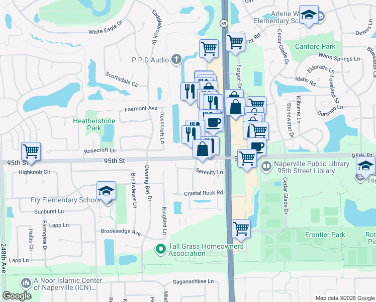 map of restaurants, bars, coffee shops, grocery stores, and more near 95TH Villa Avenue in Naperville