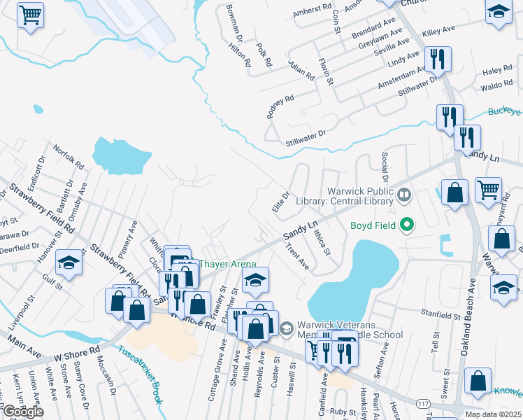 map of restaurants, bars, coffee shops, grocery stores, and more near 807 Sandy Lane in Warwick