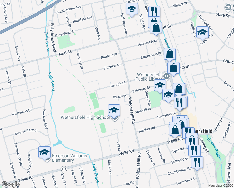 map of restaurants, bars, coffee shops, grocery stores, and more near 29 Westway in Wethersfield