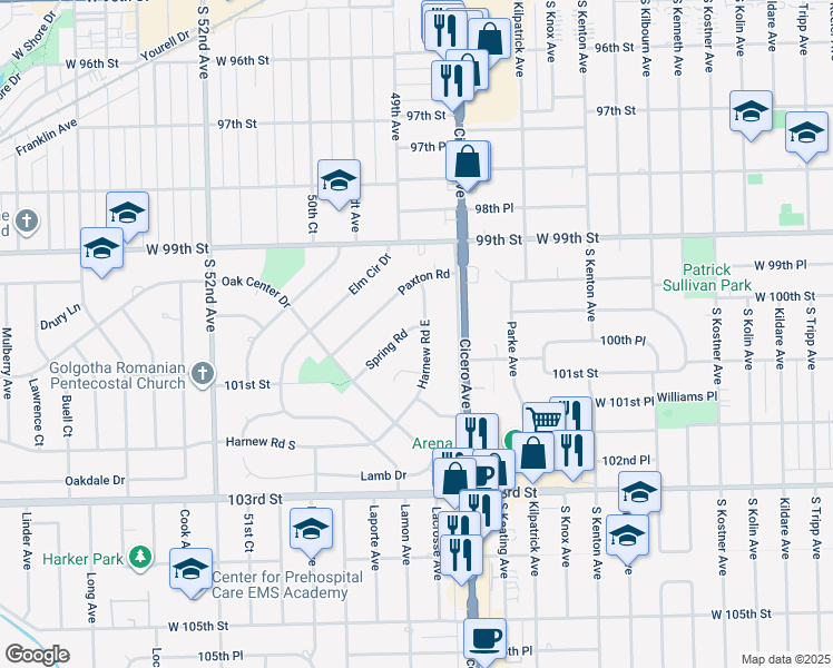 map of restaurants, bars, coffee shops, grocery stores, and more near 10010 Harnew Road East in Oak Lawn