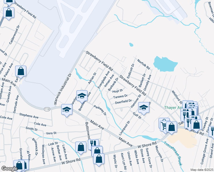 map of restaurants, bars, coffee shops, grocery stores, and more near 57 Inman Avenue in Warwick