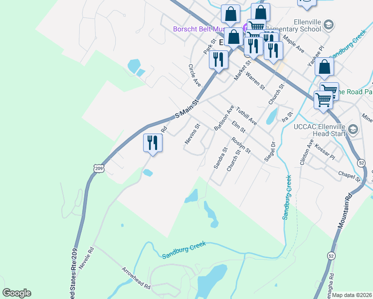 map of restaurants, bars, coffee shops, grocery stores, and more near 19 Nevins Street in Ellenville