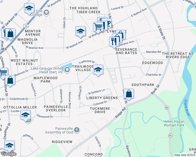 map of restaurants, bars, coffee shops, grocery stores, and more near 135 Cedarbrook Drive in Painesville
