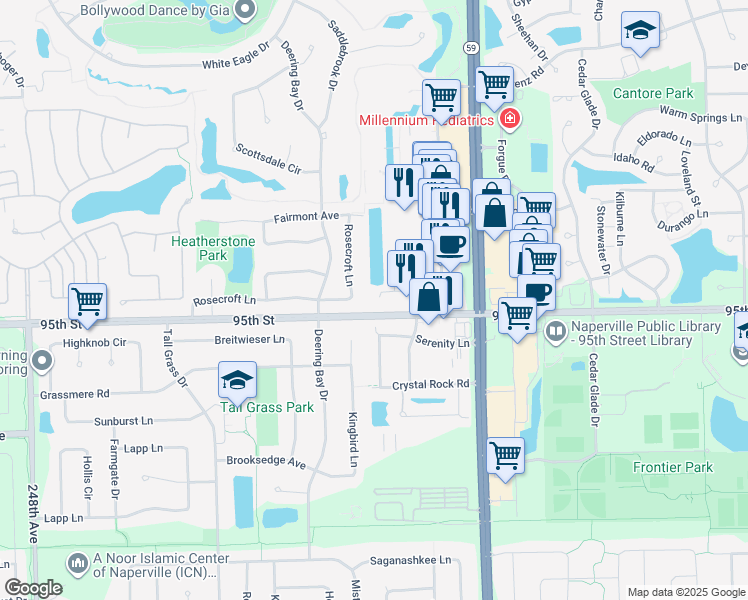 map of restaurants, bars, coffee shops, grocery stores, and more near 3201 95th Street in Naperville