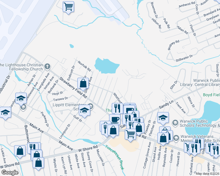 map of restaurants, bars, coffee shops, grocery stores, and more near 74 Hamilton Avenue in Warwick