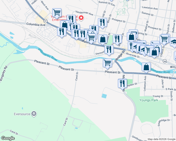 map of restaurants, bars, coffee shops, grocery stores, and more near 503 Pleasant Street in Windham