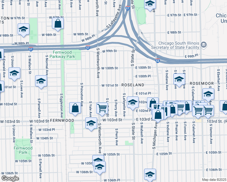 map of restaurants, bars, coffee shops, grocery stores, and more near 10118 South Perry Avenue in Chicago