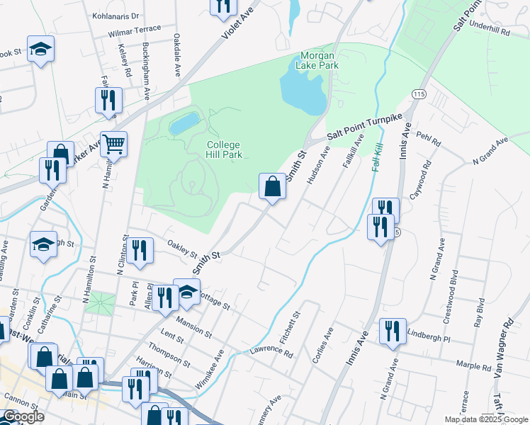 map of restaurants, bars, coffee shops, grocery stores, and more near Smith Street & Weed Street in Poughkeepsie