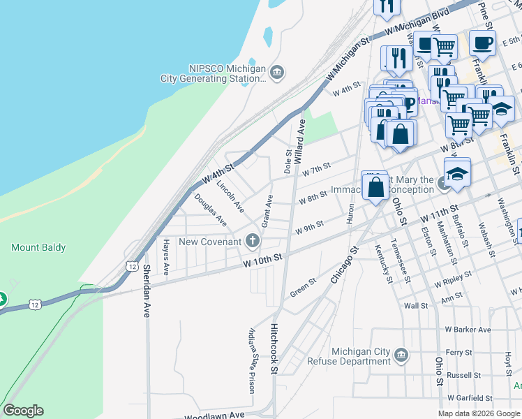 map of restaurants, bars, coffee shops, grocery stores, and more near 217 Grant Avenue in Michigan City