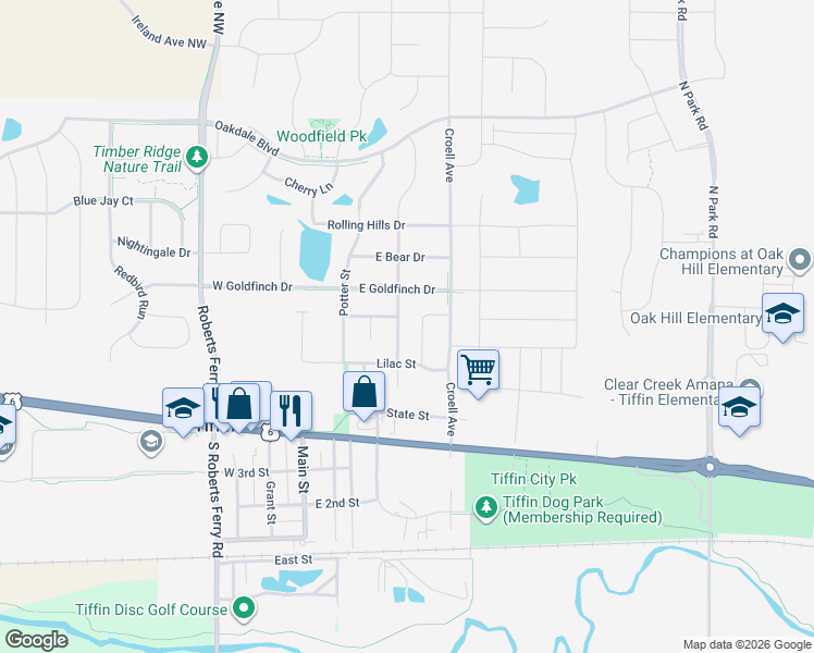 map of restaurants, bars, coffee shops, grocery stores, and more near 546 Iris Avenue in Tiffin