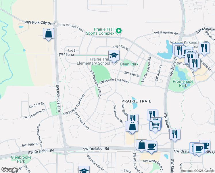 map of restaurants, bars, coffee shops, grocery stores, and more near 2309 Southwest Prairie Trail Parkway in Ankeny