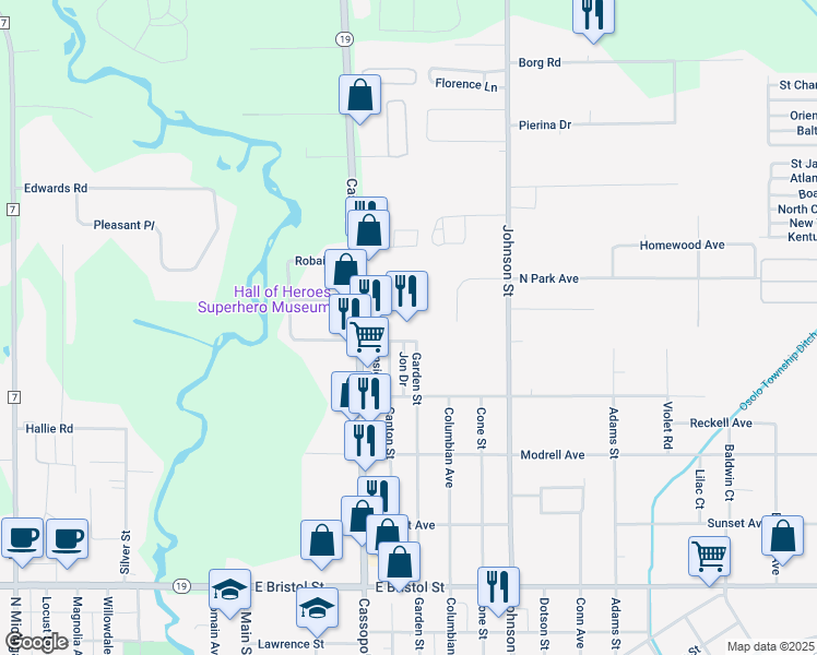map of restaurants, bars, coffee shops, grocery stores, and more near 1910 Cassopolis Street in Elkhart