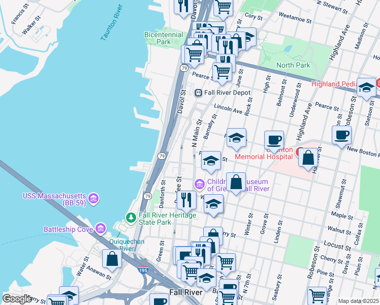 map of restaurants, bars, coffee shops, grocery stores, and more near 579 Durfee Street in Fall River