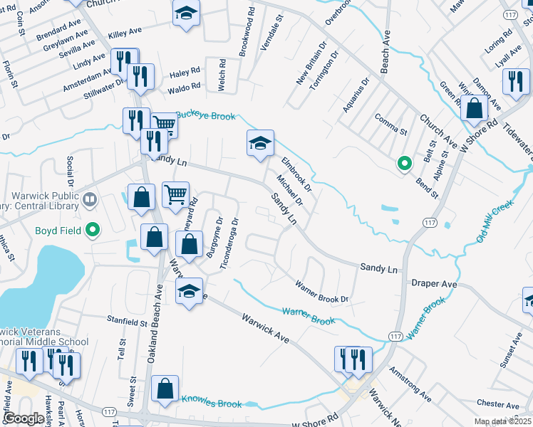 map of restaurants, bars, coffee shops, grocery stores, and more near 15 Castle Way in Warwick