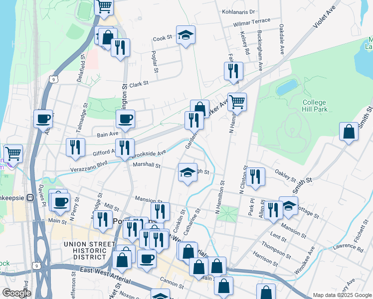 map of restaurants, bars, coffee shops, grocery stores, and more near 144 Garden Street in Poughkeepsie