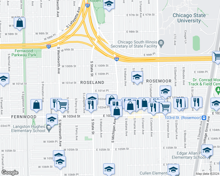 map of restaurants, bars, coffee shops, grocery stores, and more near 65 East 101st Street in Chicago