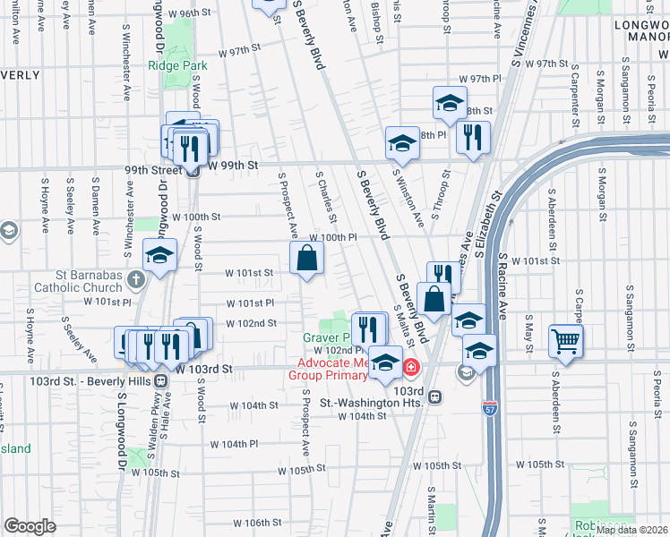 map of restaurants, bars, coffee shops, grocery stores, and more near 10029 South Charles Street in Chicago