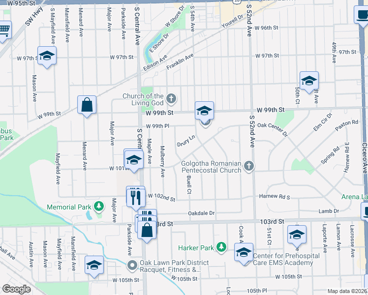 map of restaurants, bars, coffee shops, grocery stores, and more near 5417 Drury Lane in Oak Lawn