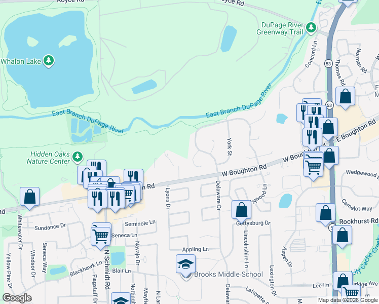 map of restaurants, bars, coffee shops, grocery stores, and more near 424 Delaware Circle in Bolingbrook