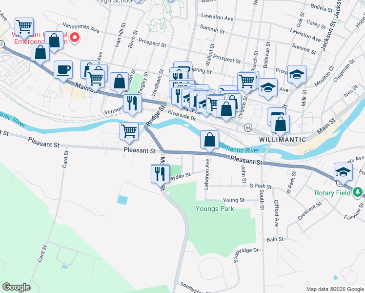 map of restaurants, bars, coffee shops, grocery stores, and more near 335 Pleasant Street in Windham
