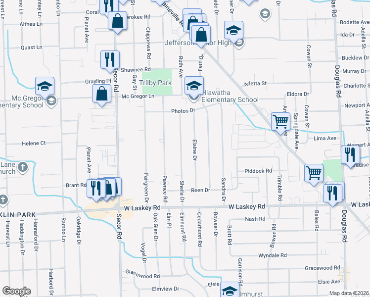 map of restaurants, bars, coffee shops, grocery stores, and more near 5211 Elaine Drive in Toledo